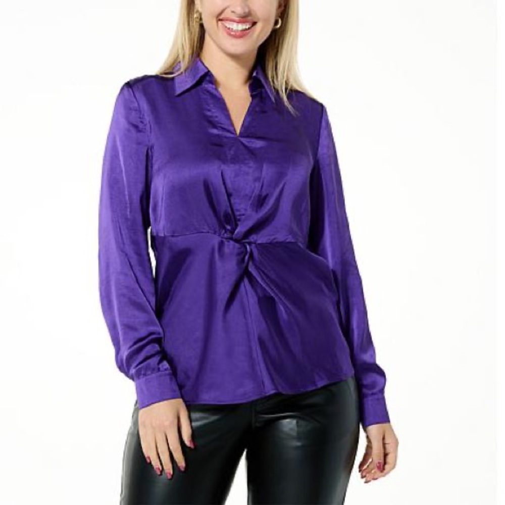 Diane Gilman Purple Tie Front Long Sleeve Blouse